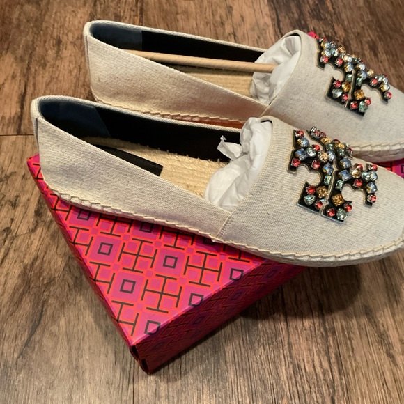 Tory Burch Beige Espadrille Flats with Multicolor Jeweled Logo - Picture 3 of 5